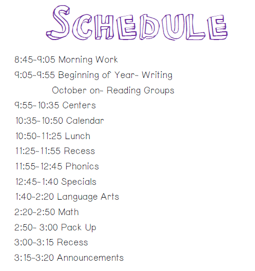 typical kindergarten daily schedule